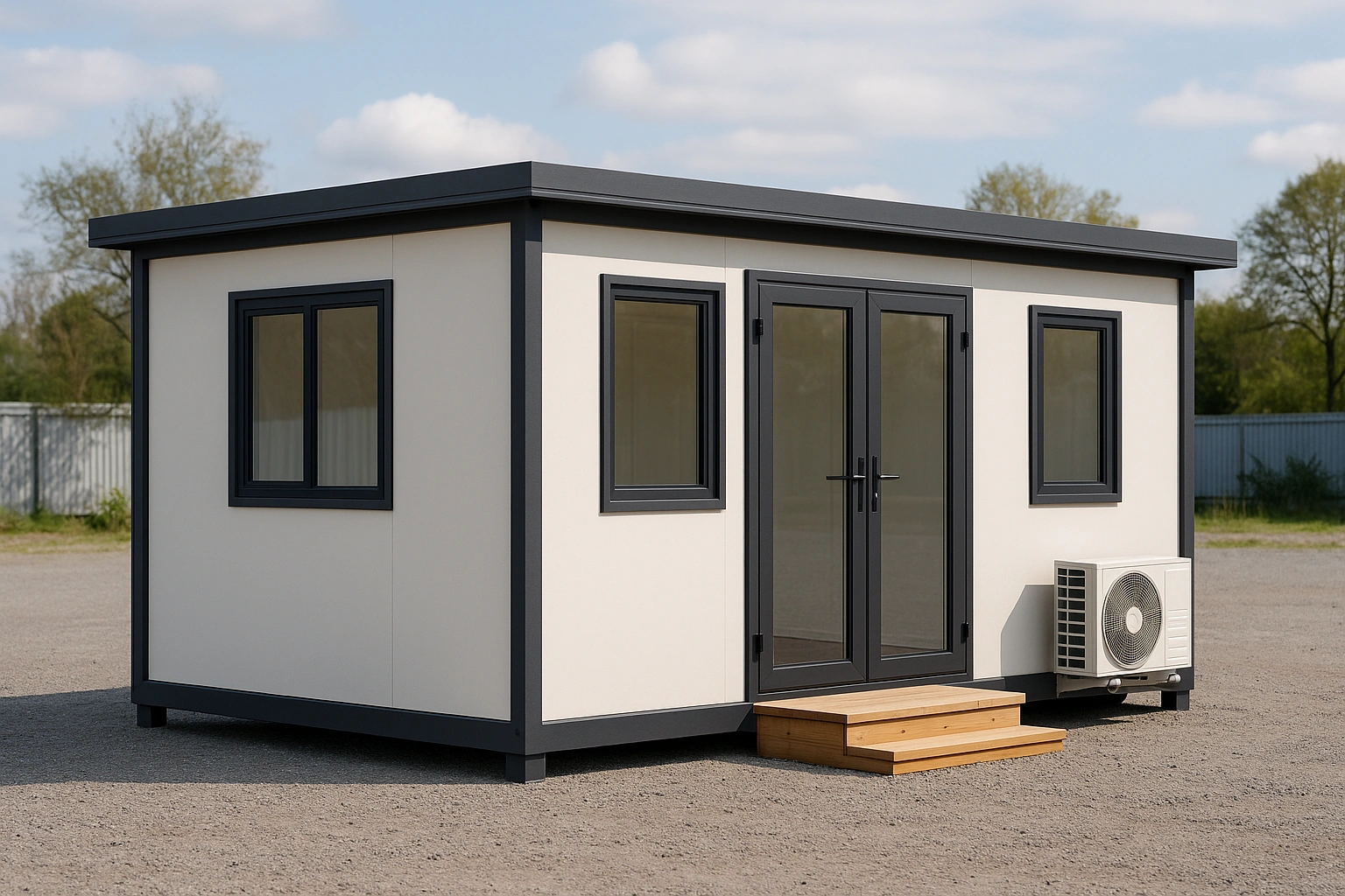 Modern portable office cabin with large windows and air conditioning unit installed on site
